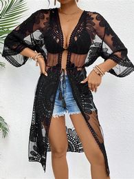 Sexy Embroidery Half Sleeve Chiffon Cardigan Tunic Beach Cover Up Cover-ups Dress Wear Beachwear Female Women K5510