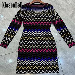 Casual Dresses 11.9 KlasonBell Elegant Metal Zigzag Pattern Print V-Neck Long Sleeve Stretchy Knitted Mini Dress Women's