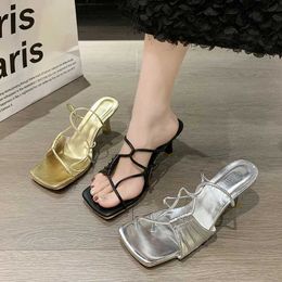 Dress Shoes 2024 New Summer Style Fashionable Comfortable Casual Wear-resistant and Versatile Square Toe Stiletto Mid-heel Slippers H240504