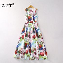 Casual Dresses ZJYT Runway Designer Floral Print Tank Party For Women Summer O Neck Sleeveless Vintage Midi Dress Elegant Aline Vestido