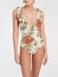 V-Neck Floral Print 1-Piece Swimsuit Women's Swimwear Sexy Praia Outfits Backless Beachwear Adjustable Shoulder Straps Beach