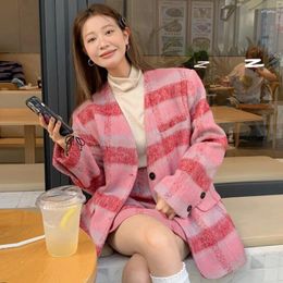 Work Dresses 2024 Winter Women Pink Plaid Wool Blazer Mini Skirts 2 Piece Set Korean Elegant V-neck Single Breasted Suit