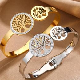 Bangle 2024 Trendy Gold Color Zircon Tree Of Life Bracelet For Women Charm Crystal Stainless Steel Cuff Bangles Jewelry Gift