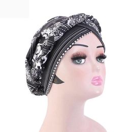 BeanieSkull Caps Summer Flower Print Turban Muslim Hat Fashion Braided Bandanas India Head Wrap African Nigerian Headwear Party A8946885