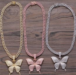 Fine Jewelry Gold Plated Micro Paved CZ Cubic Zircon Diamond Cuban Link Chain with Butterfly Necklace Hip Hop Jewelry6566907