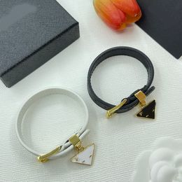 Designer Leather Bangle For Women Luxury Enamel Letter Triangle Charm Bracelet 18K Gold 925 Silver Plated Stainless Steel Chain Wristband Men Fashion Jewelry Gift