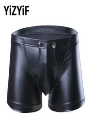 Sexy Men Lingerie Faux Leather Boxer Shorts Erotic Open Front Bulgh Pouch Porno Mini Latex Pants Male Gay Underwear Underpants Wom9583267