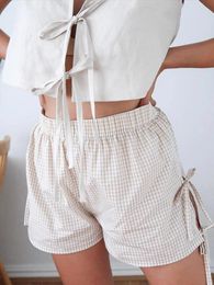 Women's Shorts Plaid Bow Lace Up Women Fashion Elastic Hollow Out High Waist Female 2024 Summer Lady Casual Printed Streetwear