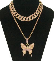 Hip Hop Iced Out Rhinestone Big Butterfly Pendant Necklace Cuban Chain Set for Women Statment Bling Crystal Animal Choker Jewelry7436683