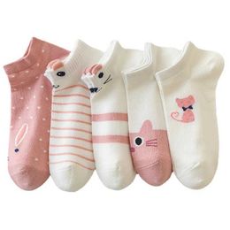 Barnstrumpor 5 par coola kvinnor Söta rosa kattstrumpor Set Womens Korean Womens Spring/Summer Japanese Girl Student Womens Short Socks Y240504