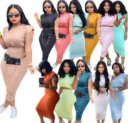 Designers Women Midi Dresses Casual Sleeveless Shoulder Pad Tshirt One Step Skirt Solid Two Piece Suit Dress2922268