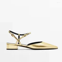 Sandals Golden Pointed Toe High Heels Women Brand Designer Cowhide Chunky 2024 Summer Elegant Solid Shoes