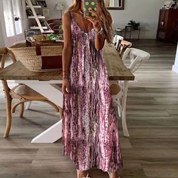 Casual Dresses 2024 Summer Bohemian Long Dress Women's V-neck High Waist Pattern Printed Hollow Sleeveless Spaghetti Strap