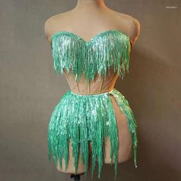 Stage Wear Sexy Green Tassel Nightclub Clothes Woman Gogo Dancer Clothing Festival Party Rave Outfits Bar Dj Costumes Pole Dance VDL55