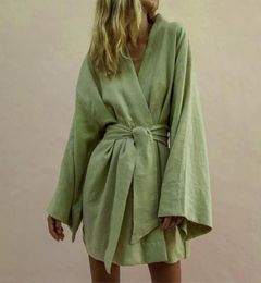 Casual Dresses Lace Up Women039s VNeck Kimono Cardigan Mini Dress Cotton Linen Long Sleeve Sashes Dresse Robe Style Summer Loo7705191