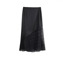 Stage Wear 2024 Winter Women's Fashion Lace Spliced Silk Satin Texture Midi Skirt 8928899 800