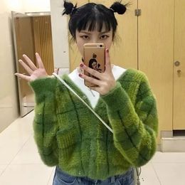 Harajuku Fuzzy Green Plaid Cardigan With Front Button Women Cropped Cardigan Sweater 201127 301F