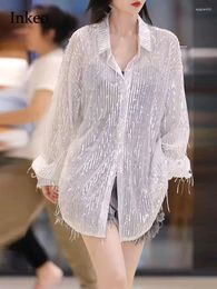 Women's Blouses Club Sexy Sequined Tassel Shirt Long Sleeve Blouse 2024 Spring Summer High Steet See Through Fringe Tops INKEO 4T017