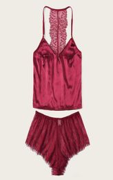 Sexy Lingerie Pajama Set Lace Sling 4 Sizes Summer Sleeveless V Neck Red Lace Shorts Pijama Home Suit for Women Q07067515208
