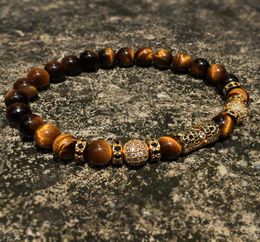 2018 Men039s Bracelets Luxury Natural Tiger eye Stone CZ Crown Charm Jewellery Bracelet Holiday Gift Bracelet For men and women5308649