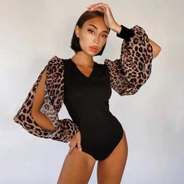 Kvinnors jumpsuits rompers Summersexy Skinny Leopard Patchwork bodysuit Rompers Women Jumpsuit Fashion Office Lady Lantern Slve Slim Bodysuits Female Top Y240504