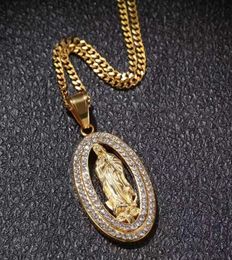 iced out virgin mary pendant necklaces men women luxury designer mens bling diamond pendant gold cuban link chain Jewellery gift1708732