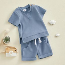 Clothing Sets Toddler Kids Baby Boys Summer Clothes Short Sleeve Crewneck T-shirts Tops And Solid Color Drawstring Shorts