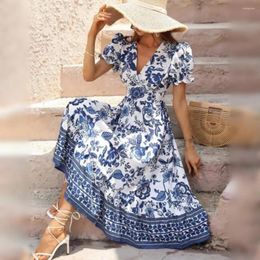 Casual Dresses Summer Printed Dress Lady Long Floral Print V Neck Midi With Puff Sleeves High Waist A-line Silhouette For Vacation