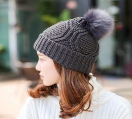 Winter Woman039s Cap With Faux Fur Pom Pom Geometric Knitted Cpas Solid Crochet Beanies Skullies Hats6564134