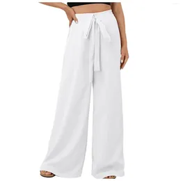 Women's Pants Casual Oversize Wide Leg Long Women White Cotton Linen Summer Drawstring Palazzo Beach