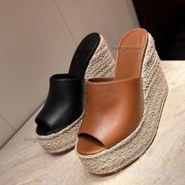 Women Peep Toe Platform Brown Leather Wedge Espadarille Woven Sandals Black Slingback Slippers 12.5Cm Ethnic Style Casual Shoes 240418