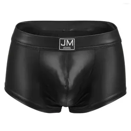 Underpants Sexy Gold Black Leather Boxers Underwear Men's Boxer Shorts PU Men U Convex Big Penis Pouch Boxershorts Cueca Masculina