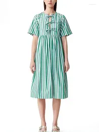 Party Dresses Fashion Women Bowknot Stripes Midi Dress Short Sleeve O-Neck High Waist Ladies Cotton Straight Robe Summer 2024