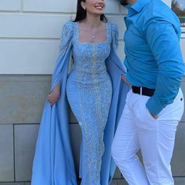 Sharon Said Luxury Dubai Sky Blue Mermaid Muslim Evening Dresses with Cape Sleeves Arabic Women Lilac Wedding Party Gowns SS365 240425