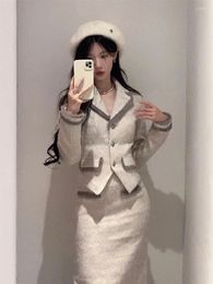 Work Dresses French Temperament Woolen Jacket Hipo Wrap Skir Two-piece Set Women Fashion Lapel Tassel Soft Celebrity Slim Chic Winter Suit