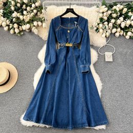 Casual Dresses Women Long Sleeve Square Collar Denim Button Zipper Sashes Waist Slimming Temperament Split A-Line Belt Dress Vestidos