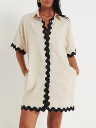 Casual Dresses Women S Summer Shirt Dress Contrast Trim Ric Rac Short Sleeve Turn-Down Collar Loose