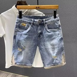 Vintage Torn Blue Denim Shorts For Men Summer Fashion Straight Knee-length Five Point Jeans 240429