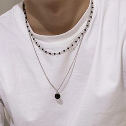 Chains Simple Double-Layered Pearl Necklace Man Black Rhinestone Pendant For Men's Chain Jewelry Accessories