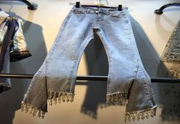 Women's Jeans European Lady Spring/Summer Rhine Tassel-studded Nail Beads High Waist Slim Nine-point Slight Womens Pants3851457