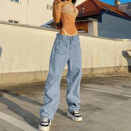 Women's Jeans Women's Casual Wide Leg Long Front Pockets Light Blue Denim Pants 2024 Baggy High Waist Loose Streetwear Female