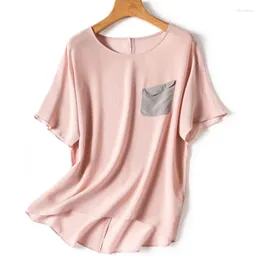 Women's T Shirts Satin Casual T-shirts Summer Solid Colours Tees Short Sleeves Loose Women Tops Pockets O-neck Clothing YCMYUNYAN
