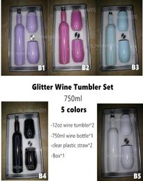 750ml sublimation glitter wine tumbler set Stainless Steel wine Bottles with two 12oz wine tumblers gift souvenir set sea shi5363457