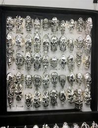 Whole 50pcs lot Gothic Big Skull Ring Bohemian Punk Vintage Antique Silver Mix Style Mens Fashion Jewelry Skeleton Ring Size 2261c1260766