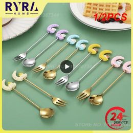 Forks 1/2PCS Moon Spoon Fork Cloth Wheel Light Cake Fruit Cartoon Cute Stainless Steel