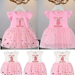 Birthday Baby Little Girls Pink Dress Kids Princess Tutu Dresses Infant 1st 2 Years Outfits Toddler Short Sleeve Gold Dots Star 240413