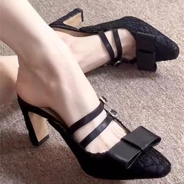 Dress Shoes Lace Cap Pointed Toe High Heels Women Thick Heel Bow Strap Sandals Versatile Slippers Elegant Black Cloth Material Mules