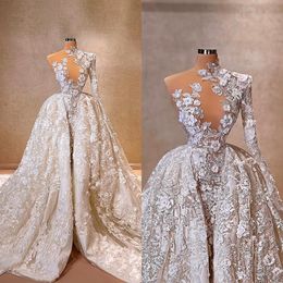 Luxury Mermaid Wedding Dresses Detachable Train Appliques Lace Bridal Gowns Custom Made High Collar One Shoulder Long Sleeves Robe De Mariee