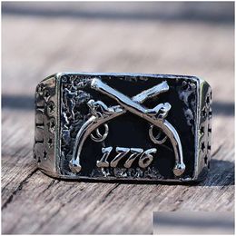 Band Rings Vintage 1776 Independence Day Ring Heavy Sugar 14K White Gold Cowboy Men Double Guns Punk Gothic Mens Biker Jewellery Drop De Ott6Z