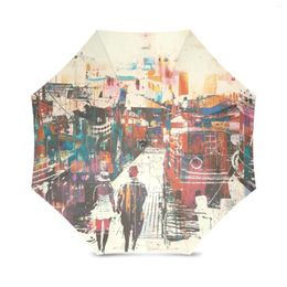 Umbrellas Couple Walking On Harbour Pier Foldable Umbrella Pongee Windproof Pocket Portable Oil Painting Travel Women Lovers Gift